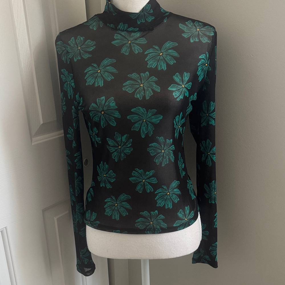 Bar III Black and Green Floral Sheer Blouse